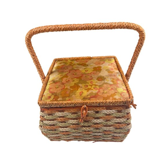 Vintage Sewing Basket With Floral Lid & Sturdy Handle - Picture 1 of 7